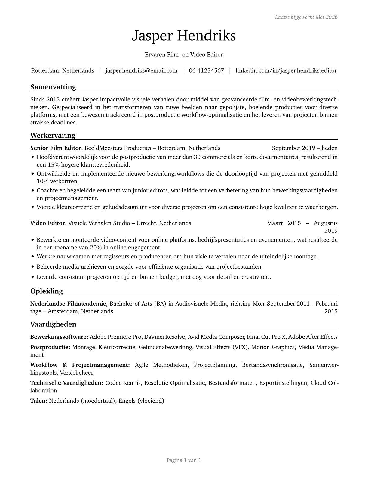 Film and Video Editors CV in Dutch — page 1