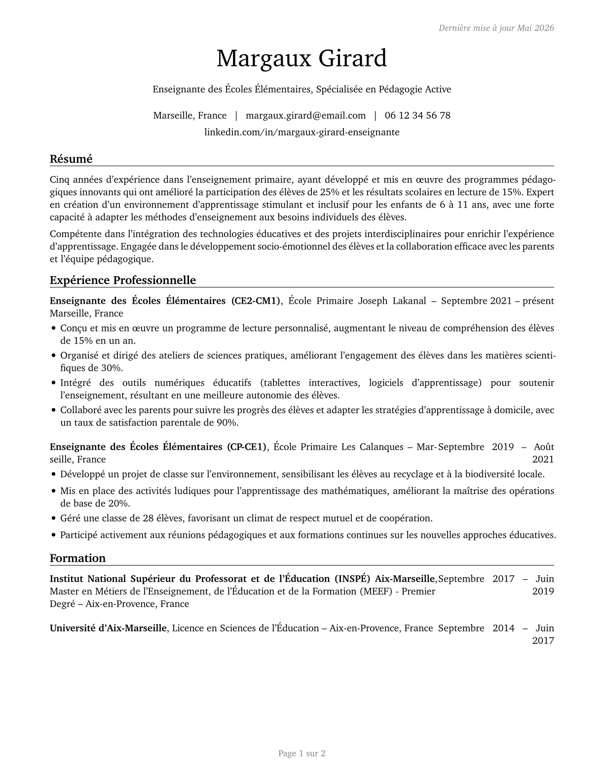 Elementary School Teachers, Except Special Education CV in French — page 1