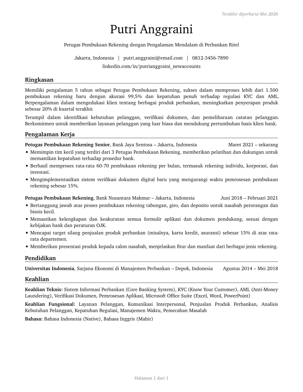 New Accounts Clerks CV in Indonesian — page 1