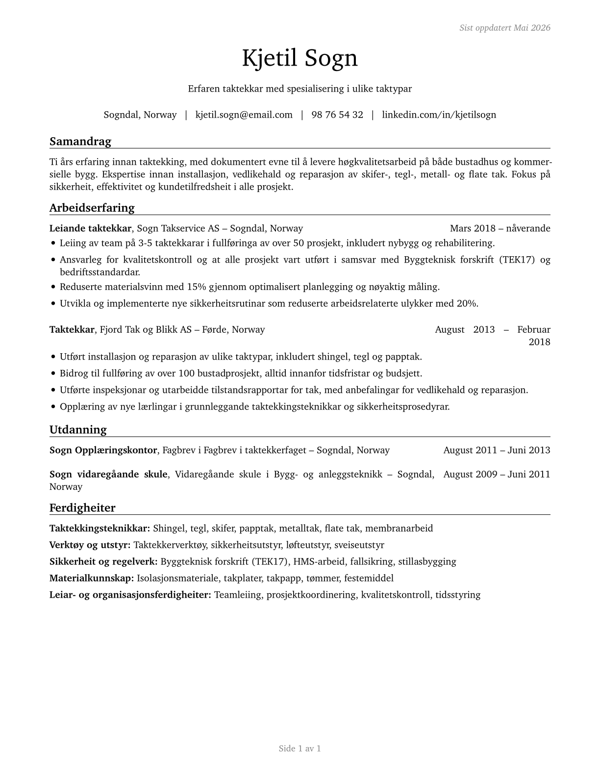 Roofers CV in Norwegian_nynorsk — page 1