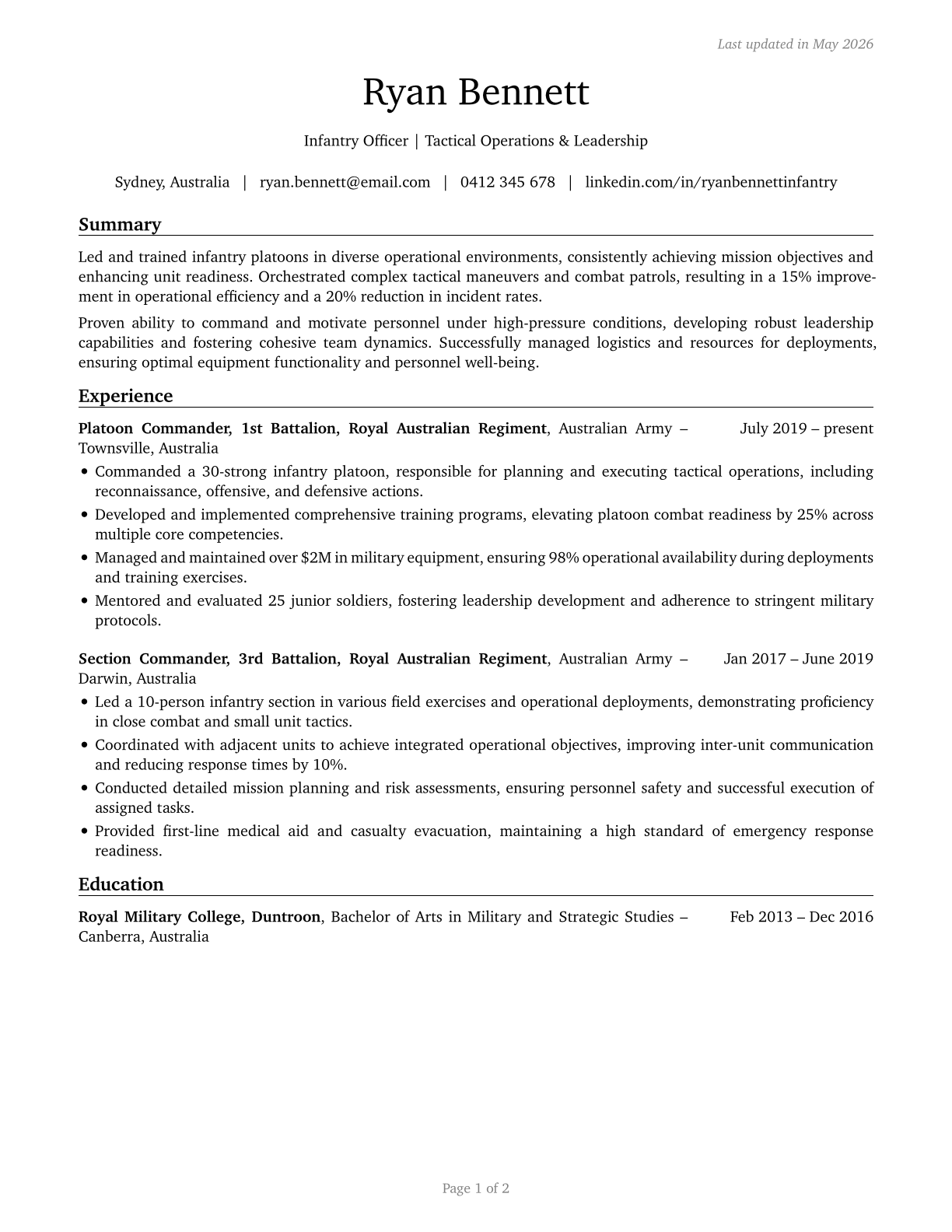 Infantry Officers CV in English — page 1