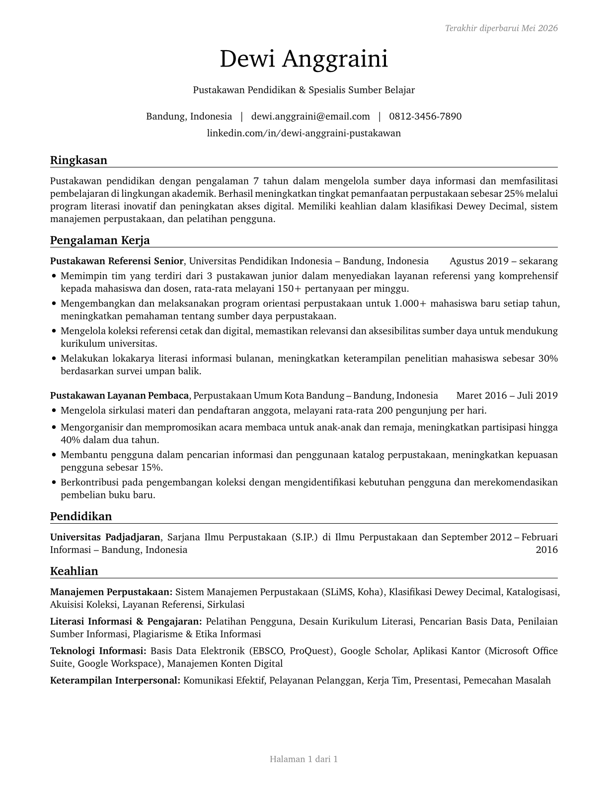 Educational Instruction and Library Workers, All Other CV in Indonesian — page 1