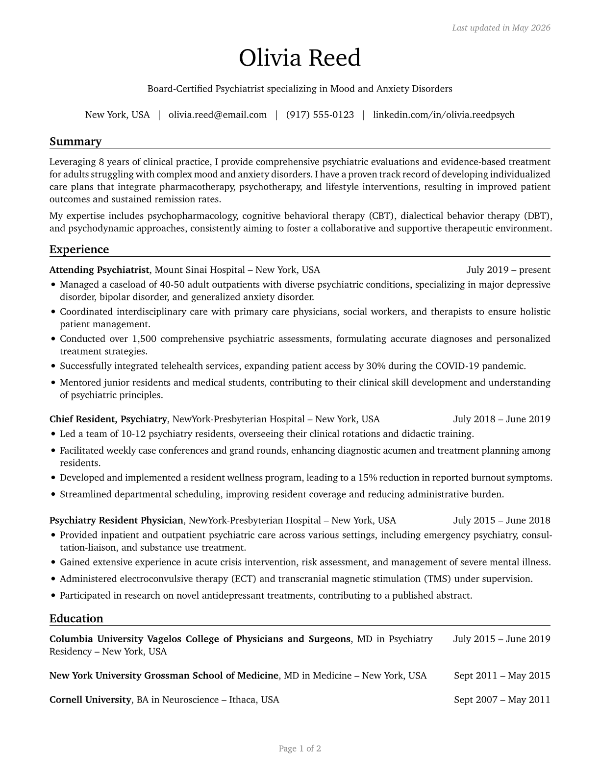 Psychiatrists CV in English — page 1