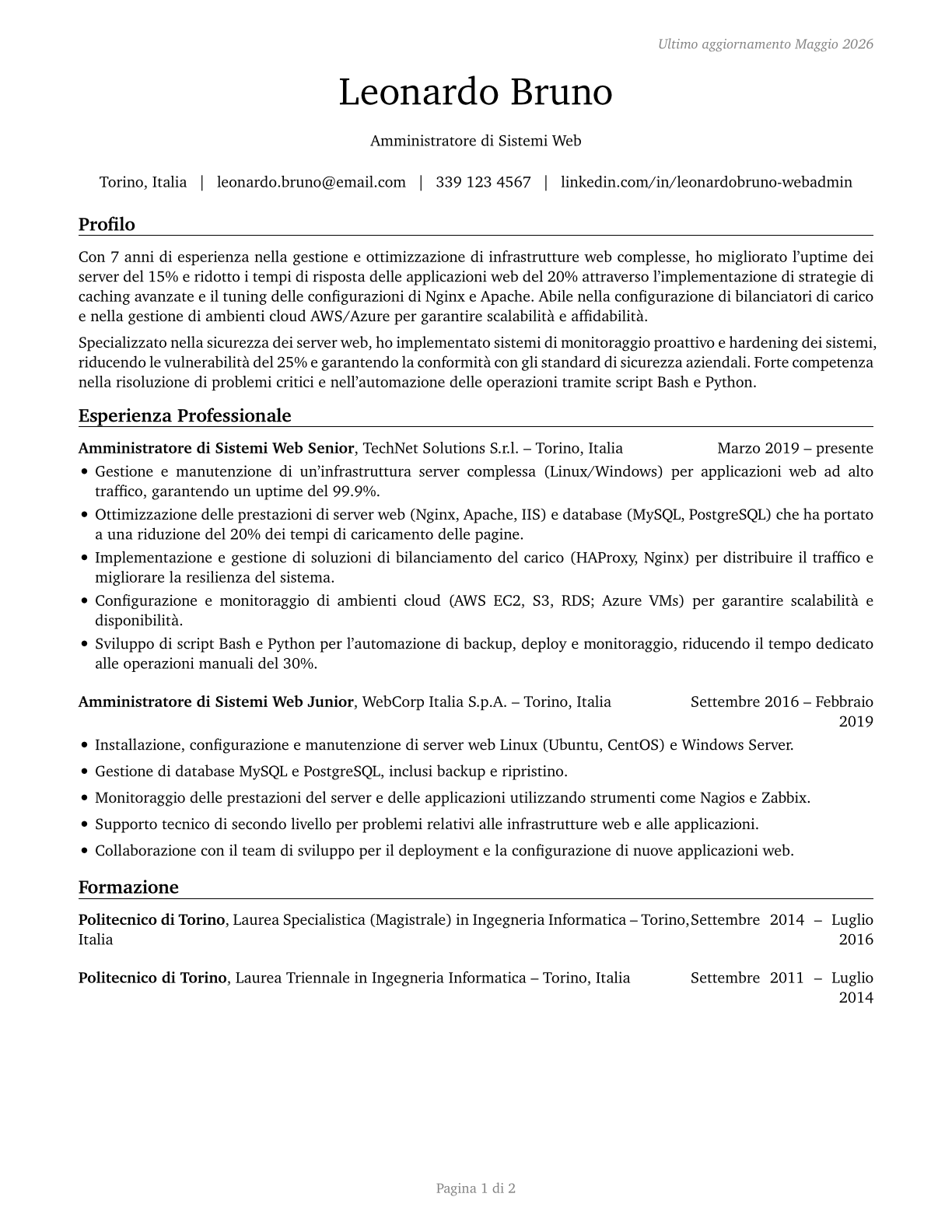 Web Administrators CV in Italian — page 1