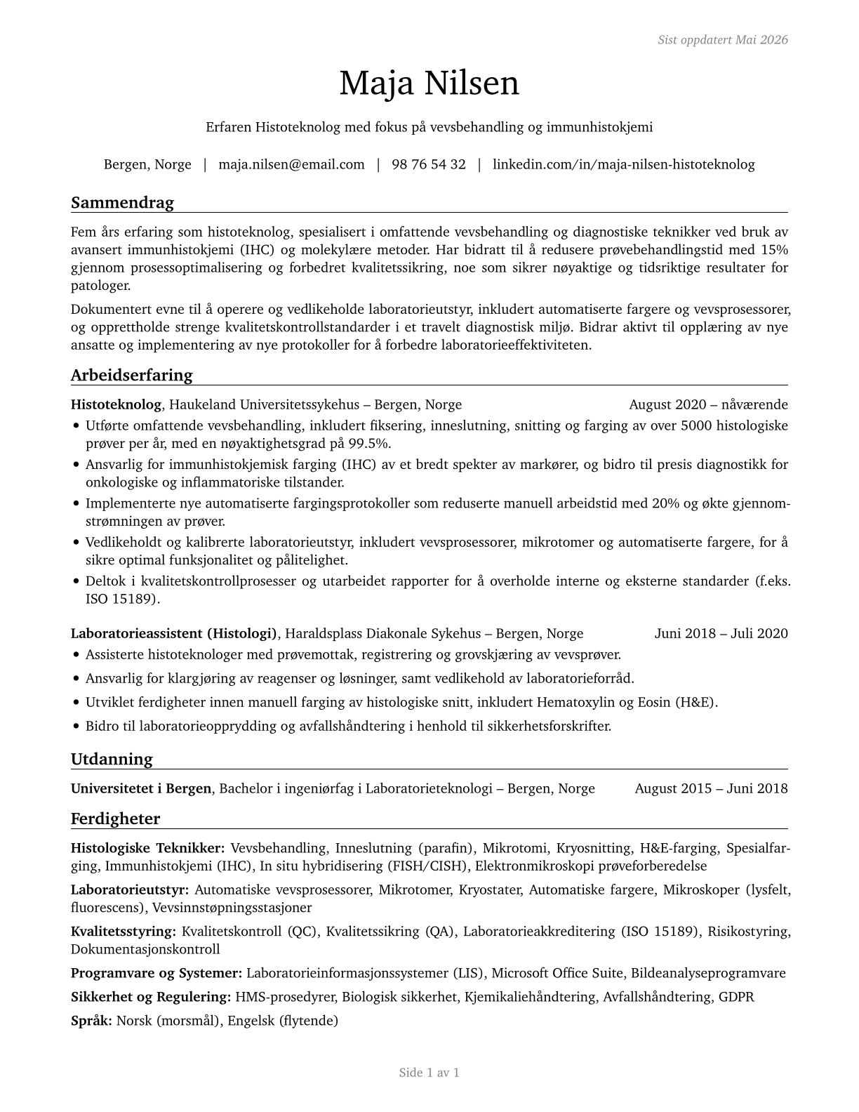 Histotechnologists CV in Norwegian_bokmal — page 1