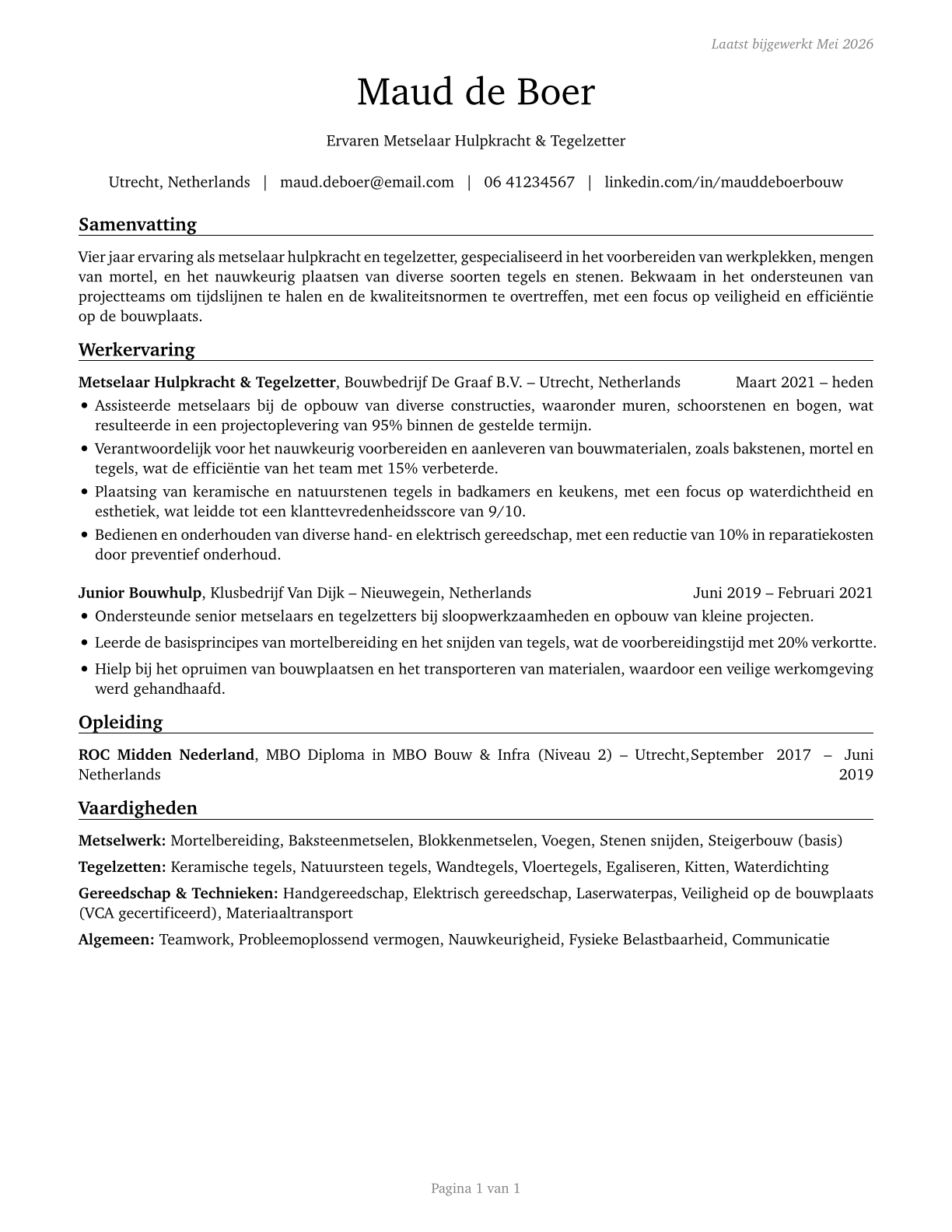 Helpers--Brickmasons, Blockmasons, Stonemasons, and Tile and Marble Setters CV in Dutch — page 1