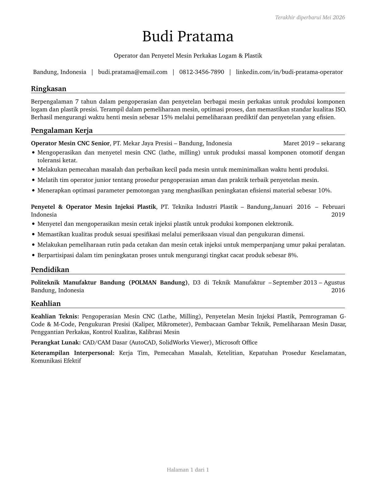 Multiple Machine Tool Setters, Operators, and Tenders, Metal and Plastic CV in Indonesian — page 1