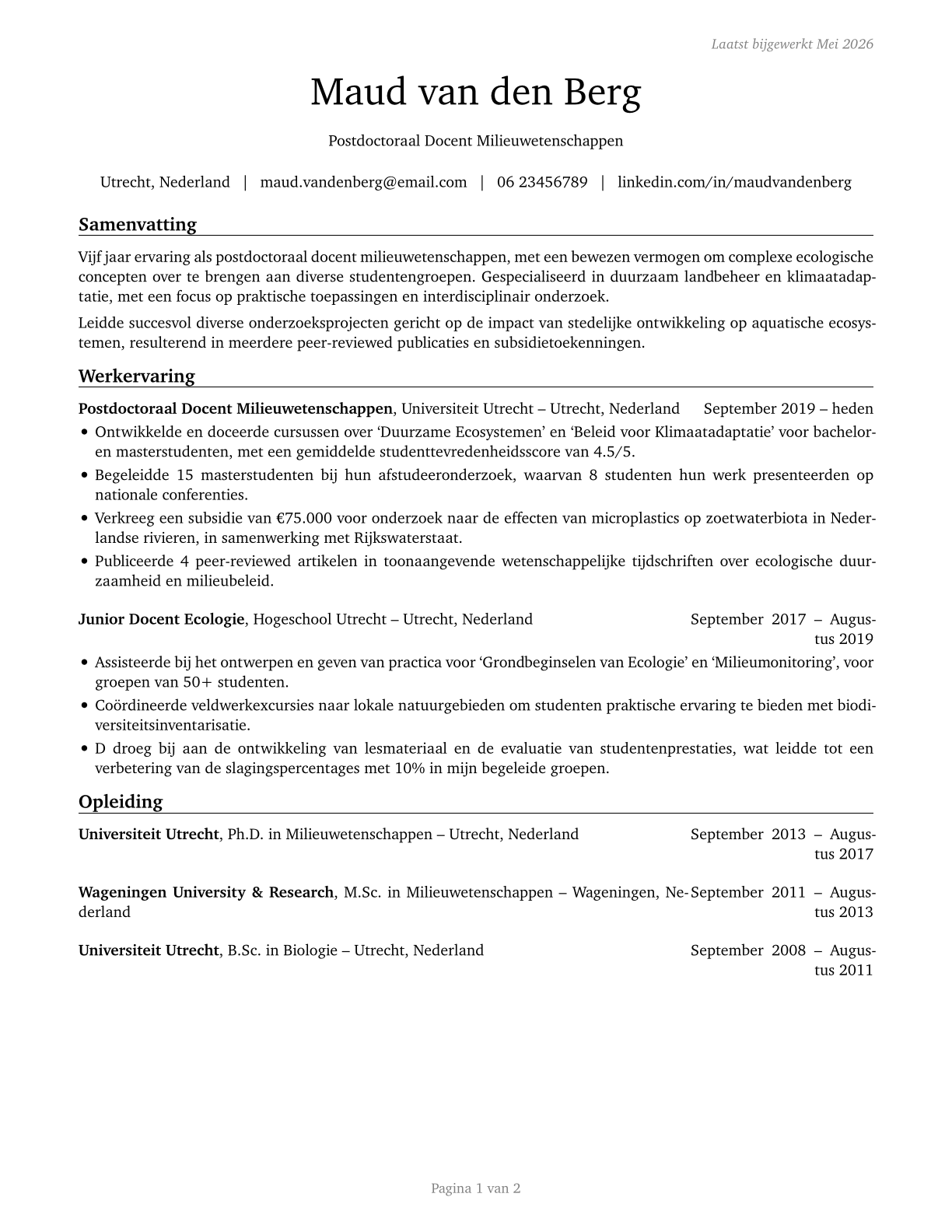 Environmental Science Teachers, Postsecondary CV in Dutch — page 1