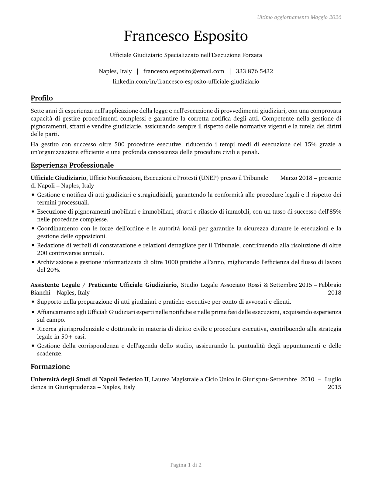 Bailiffs CV in Italian — page 1