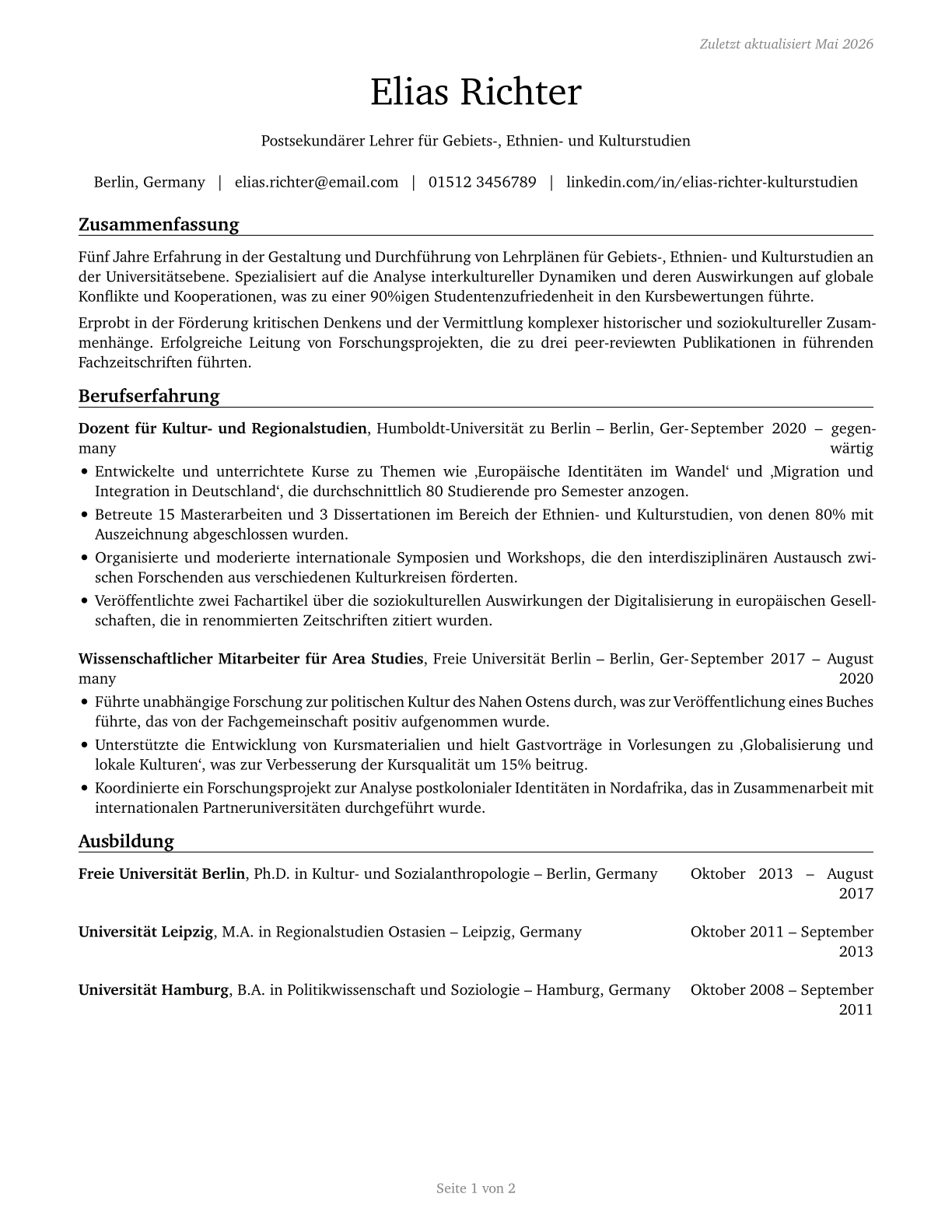 Area, Ethnic, and Cultural Studies Teachers, Postsecondary CV in German — page 1