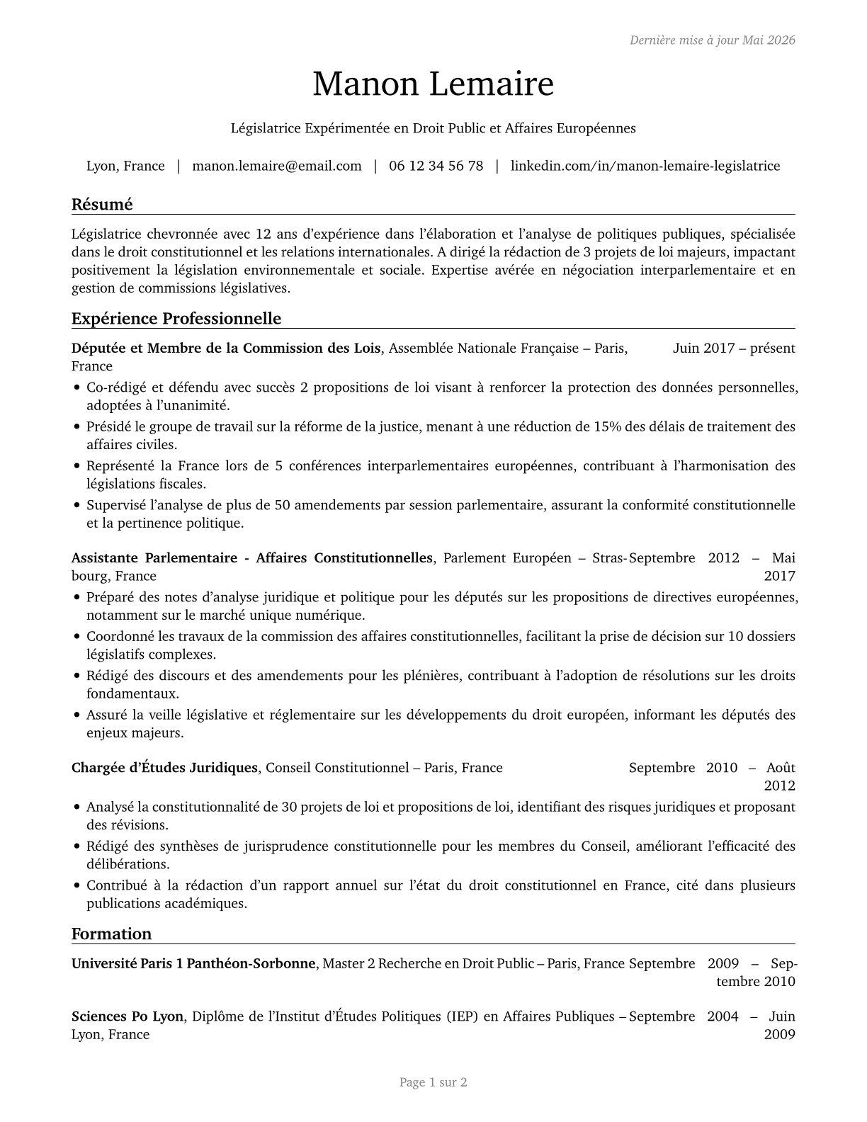 Legislators CV in French — page 1