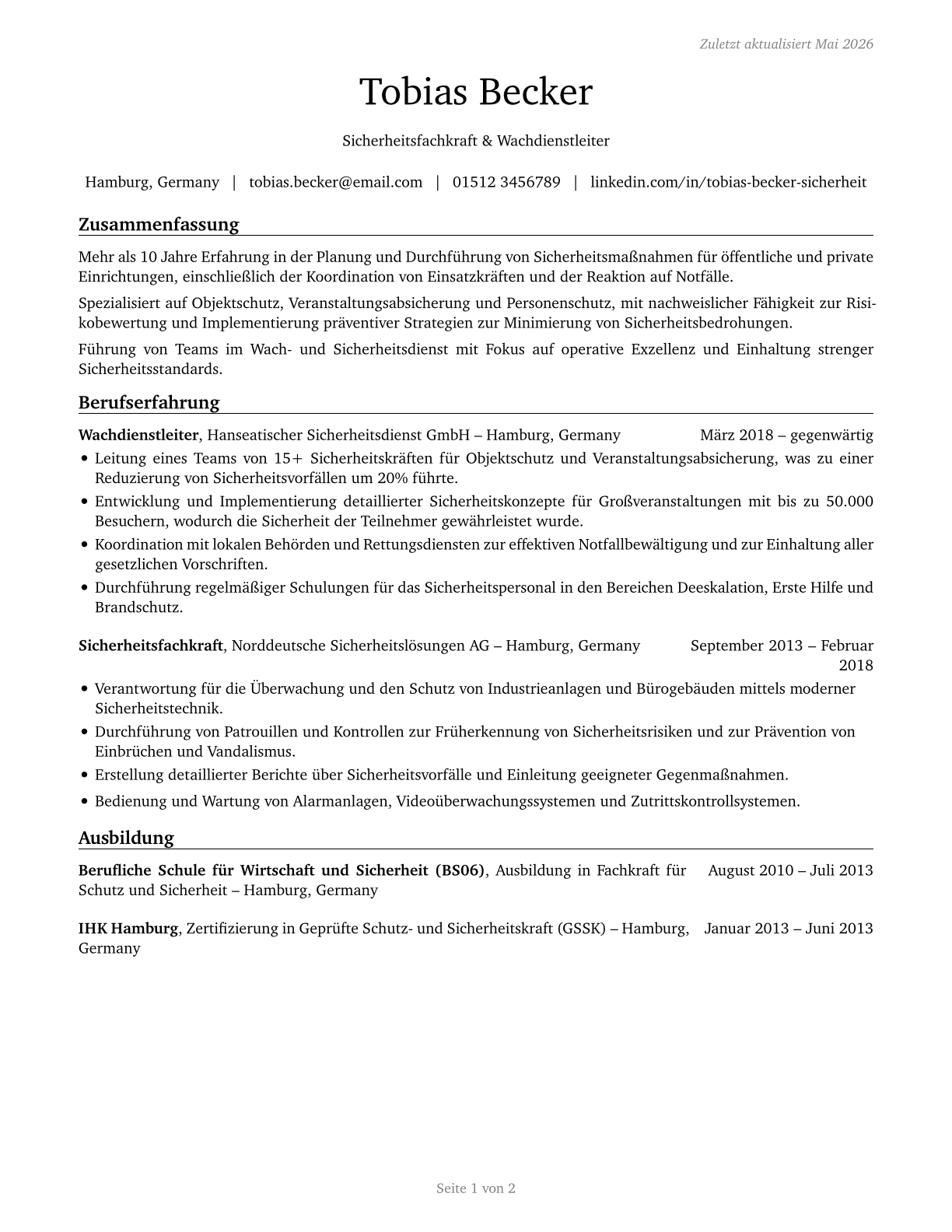 Protective Service Workers, All Other CV in German — page 1