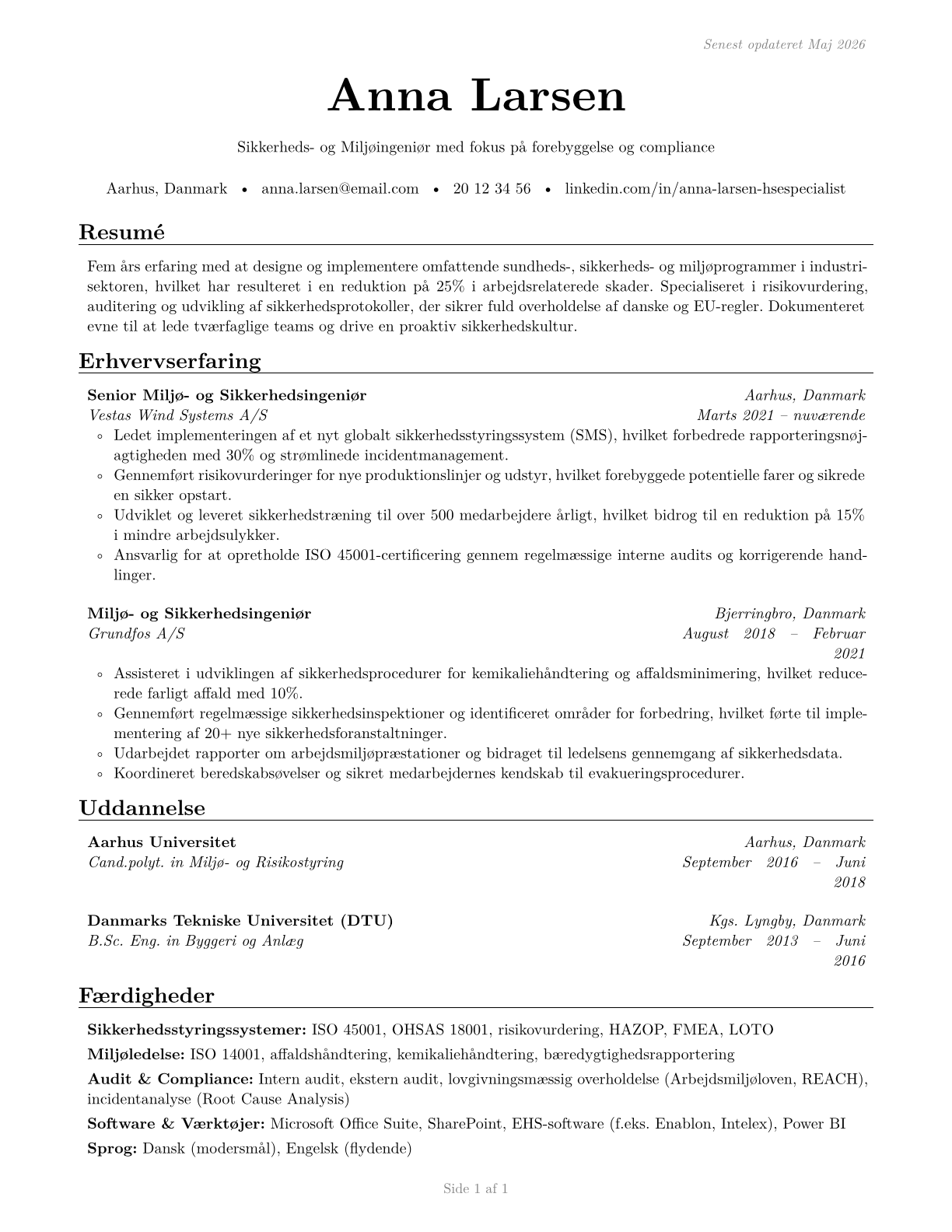Health and Safety Engineers, Except Mining Safety Engineers and Inspectors CV in Danish — page 1