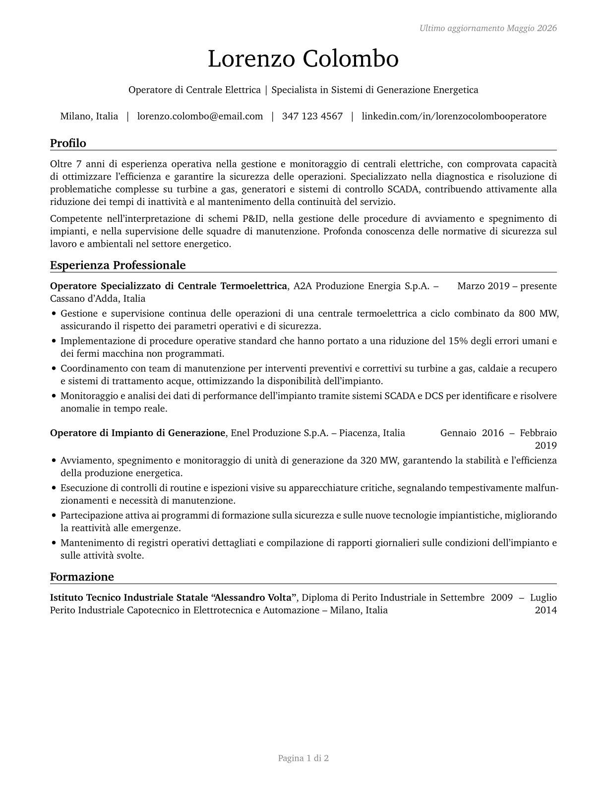 Power Plant Operators CV in Italian — page 1