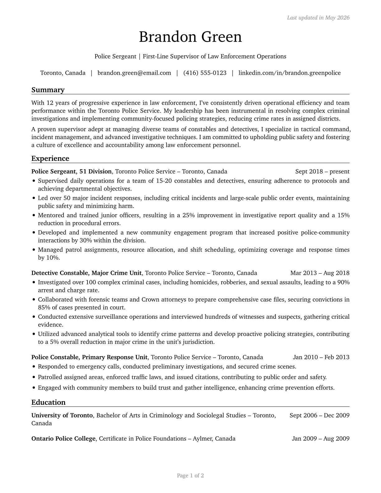 First-Line Supervisors of Police and Detectives CV in English — page 1