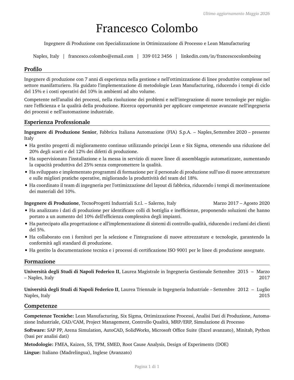 Manufacturing Engineers CV in Italian — page 1
