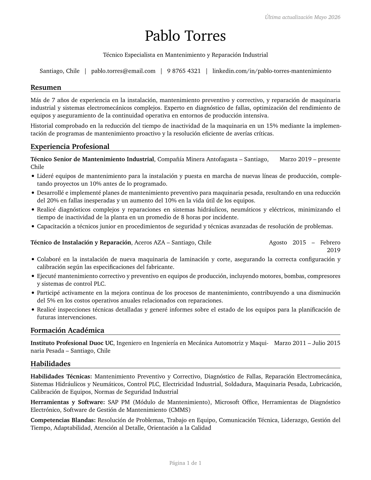 Installation, Maintenance, and Repair Workers, All Other CV in Spanish — page 1