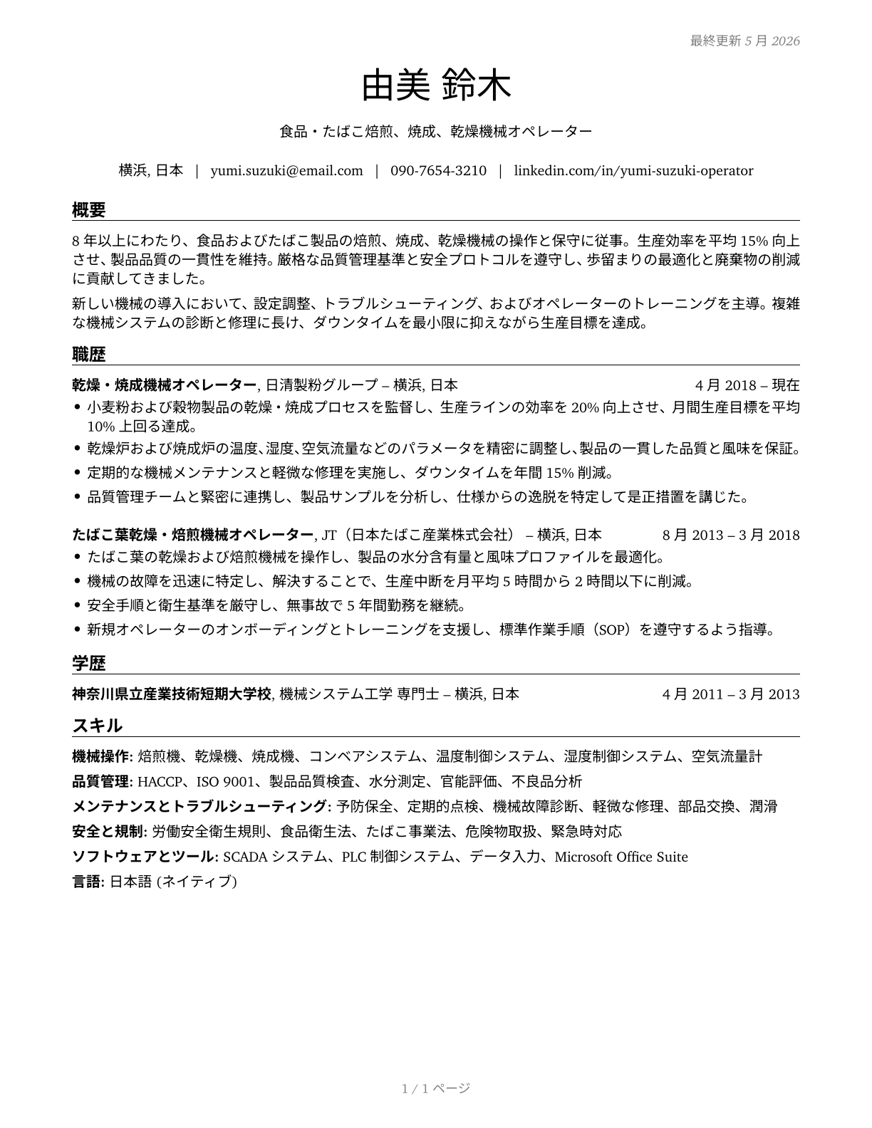Food and Tobacco Roasting, Baking, and Drying Machine Operators and Tenders CV in Japanese — page 1