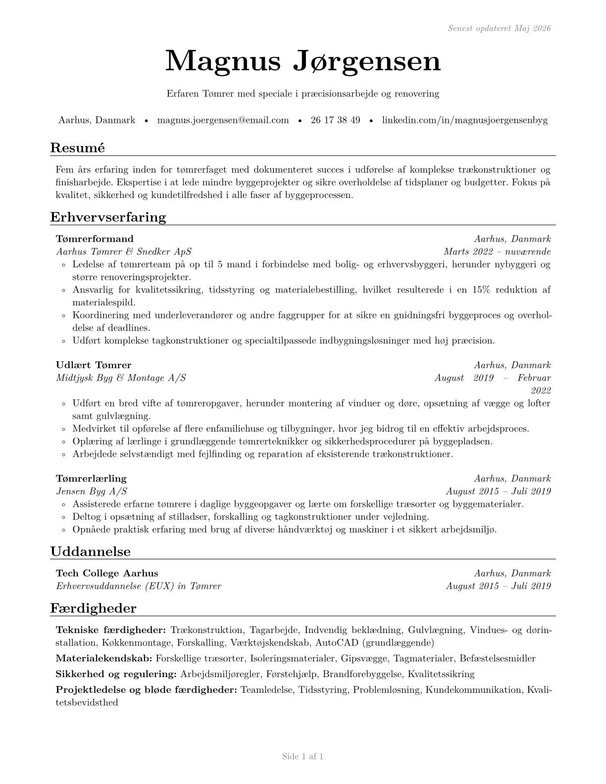 Helpers--Carpenters CV in Danish — page 1