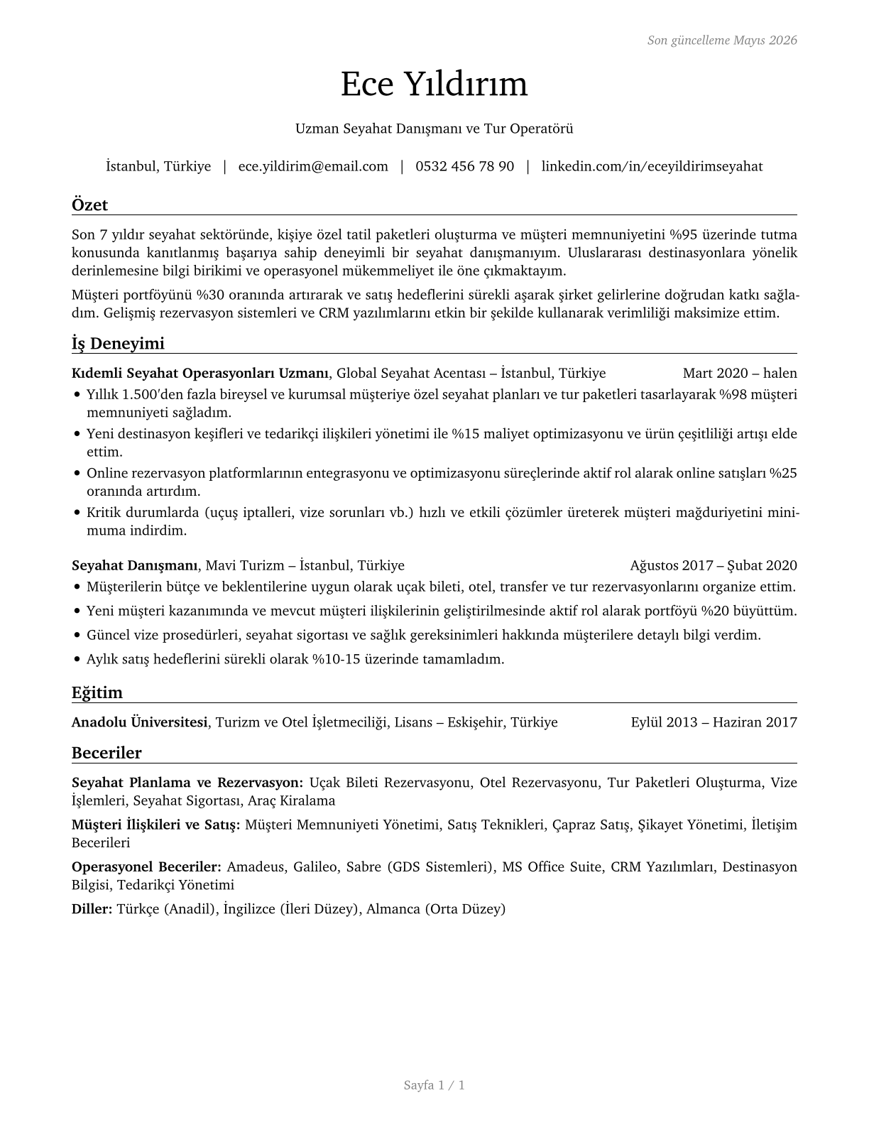 Travel Agents CV in Turkish — page 1