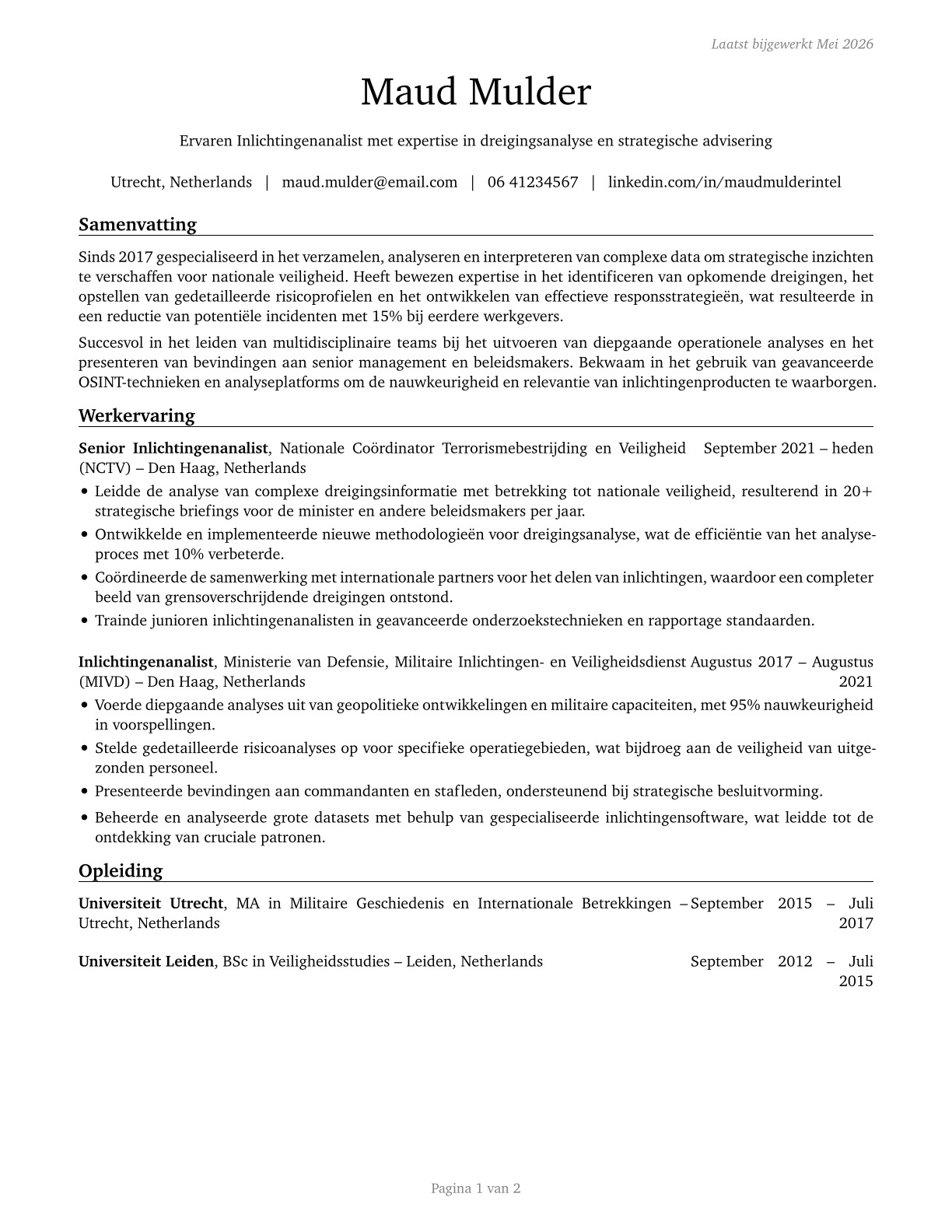 Intelligence Analysts CV in Dutch — page 1
