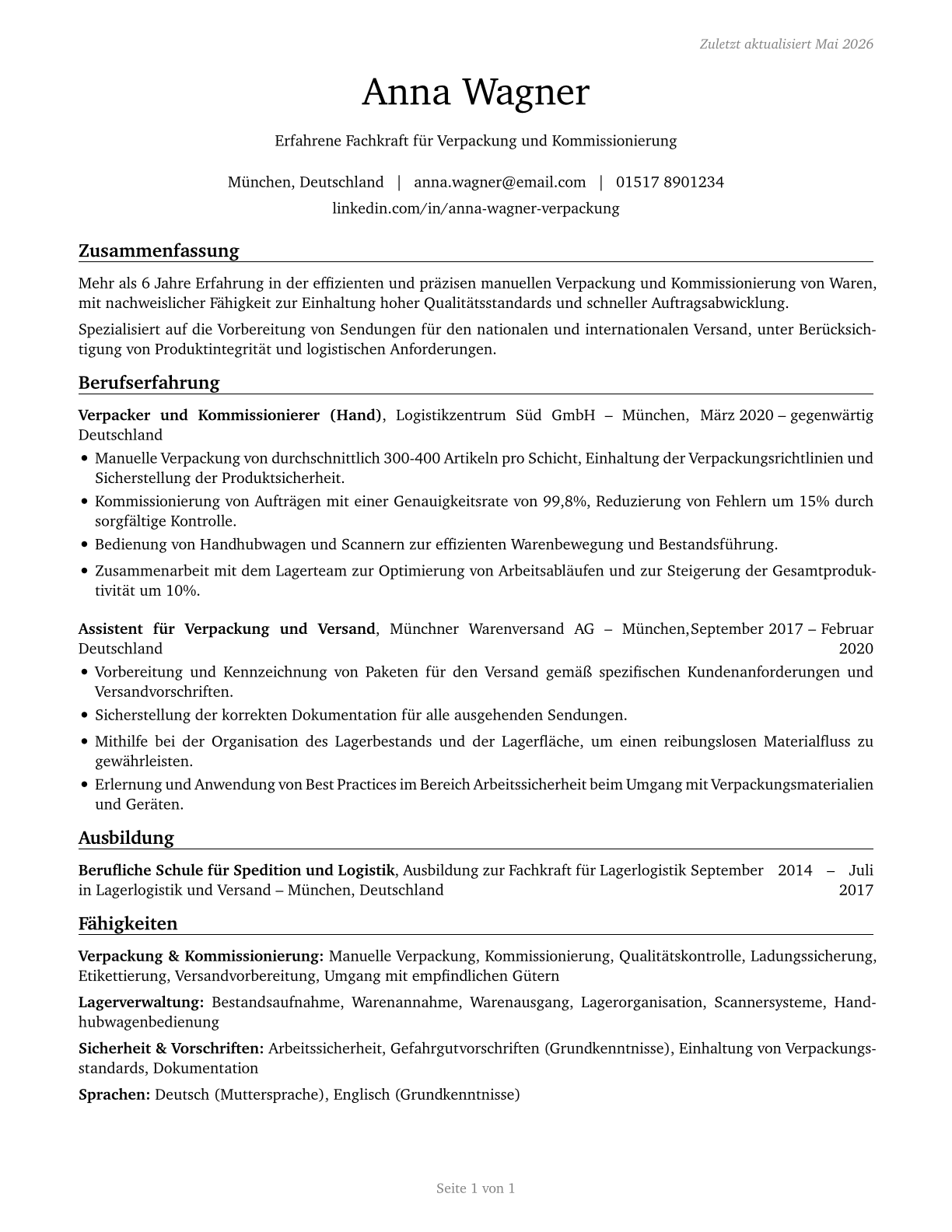 Packers and Packagers, Hand CV in German — page 1
