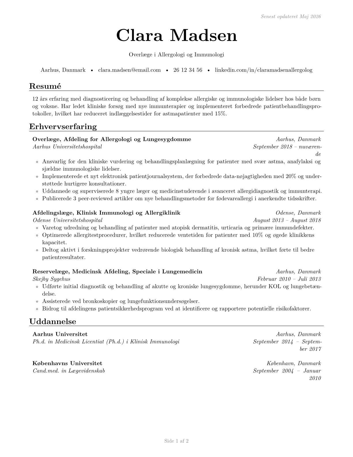 Allergists and Immunologists CV in Danish — page 1