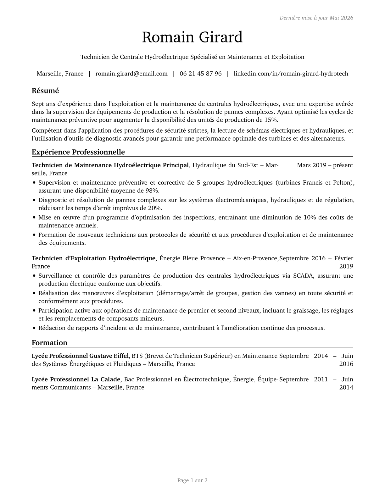 Hydroelectric Plant Technicians CV in French — page 1