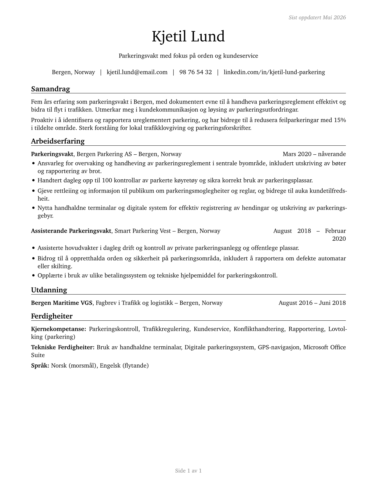 Parking Attendants CV in Norwegian_nynorsk — page 1