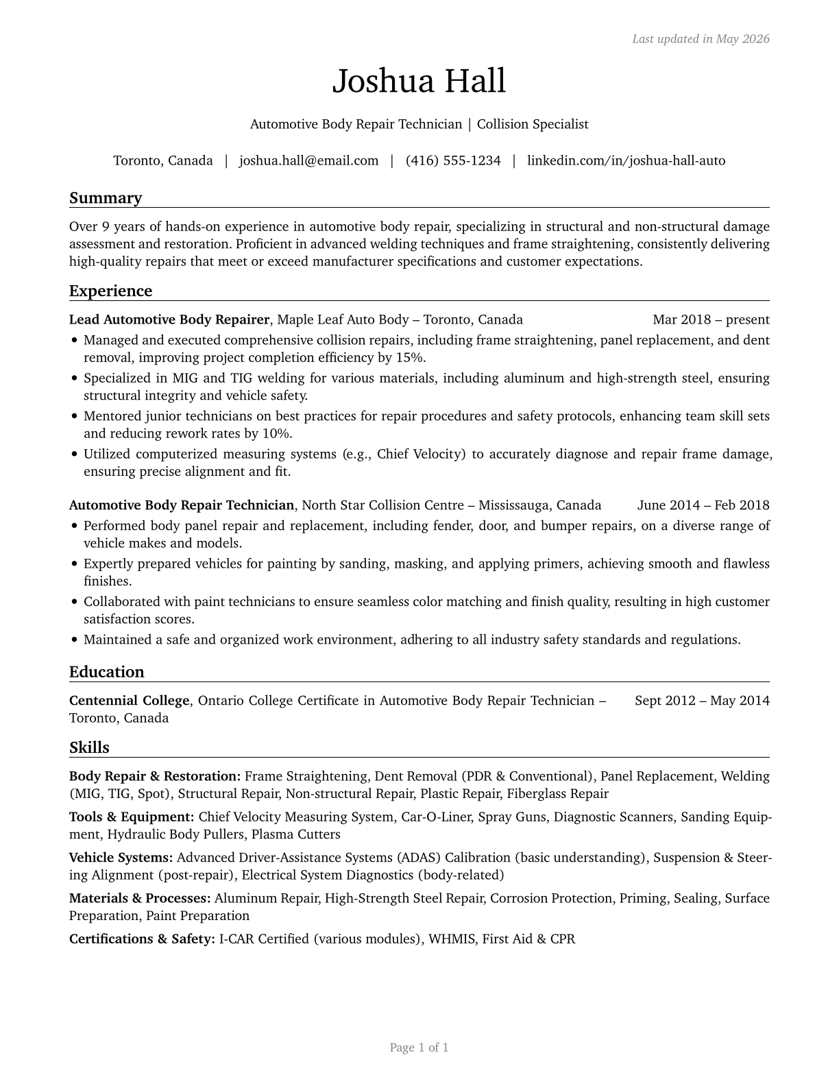 Automotive Body and Related Repairers CV in English — page 1