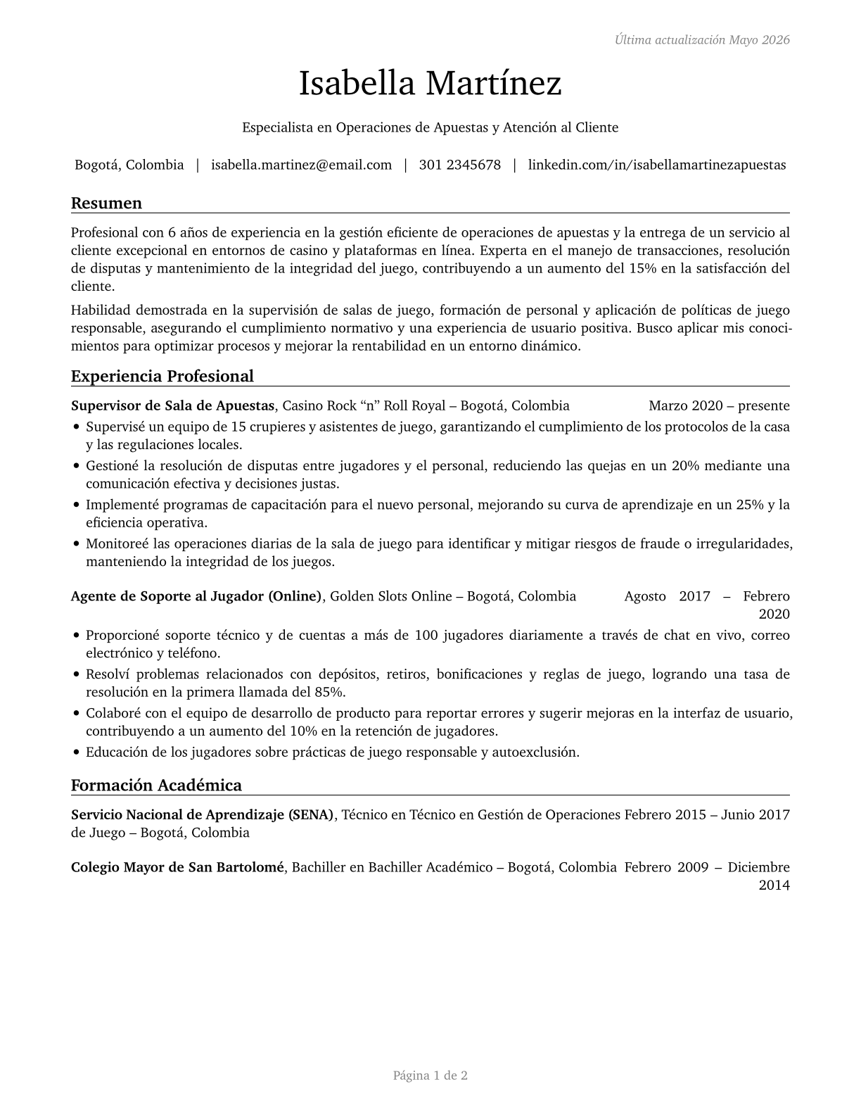 Gambling Service Workers, All Other CV in Spanish — page 1