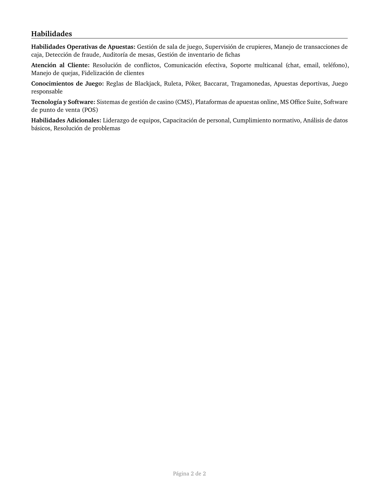 Gambling Service Workers, All Other CV in Spanish — page 2