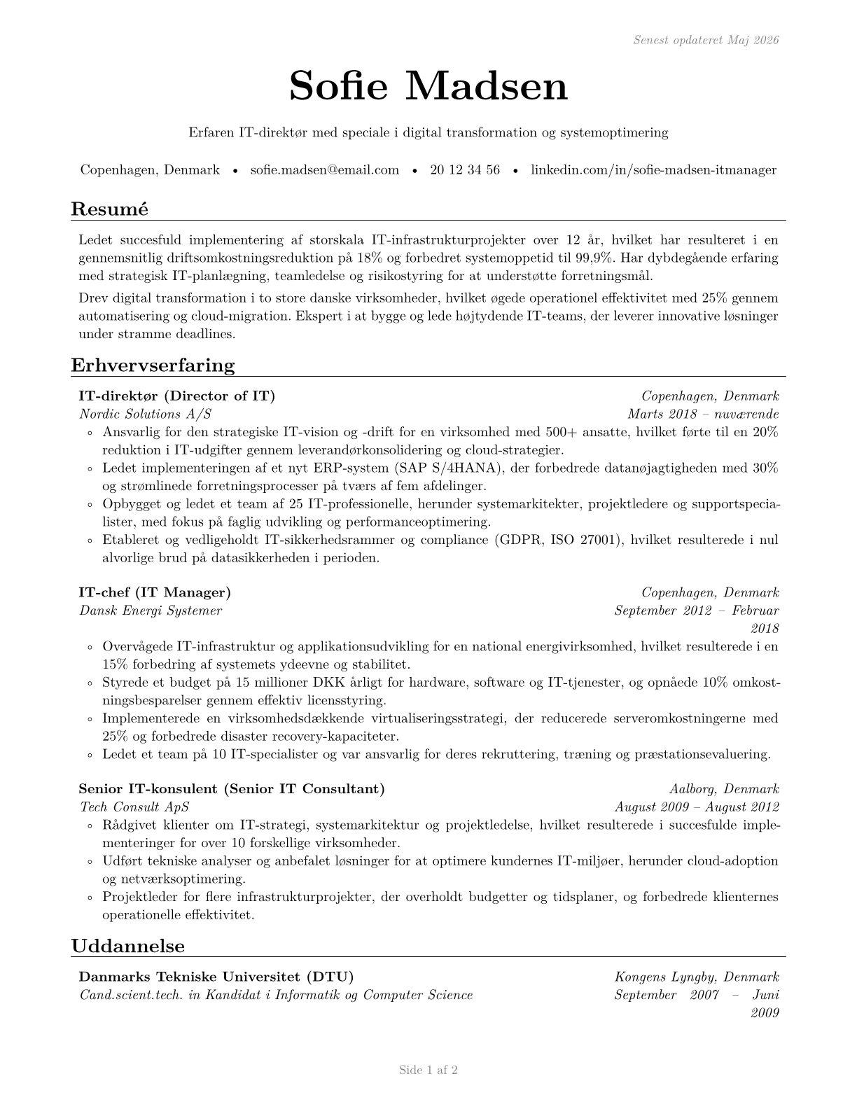 Computer and Information Systems Managers CV in Danish — page 1