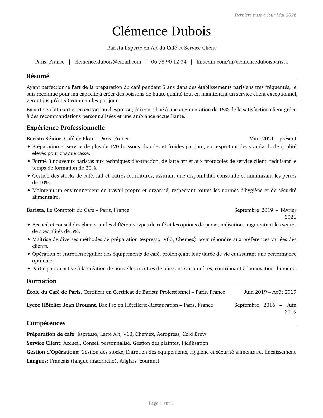 Baristas CV in French — page 1