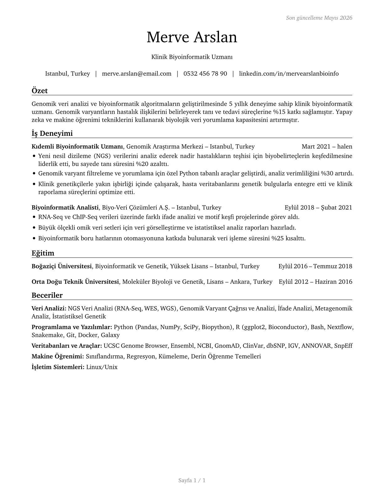 Bioinformatics Scientists CV in Turkish — page 1