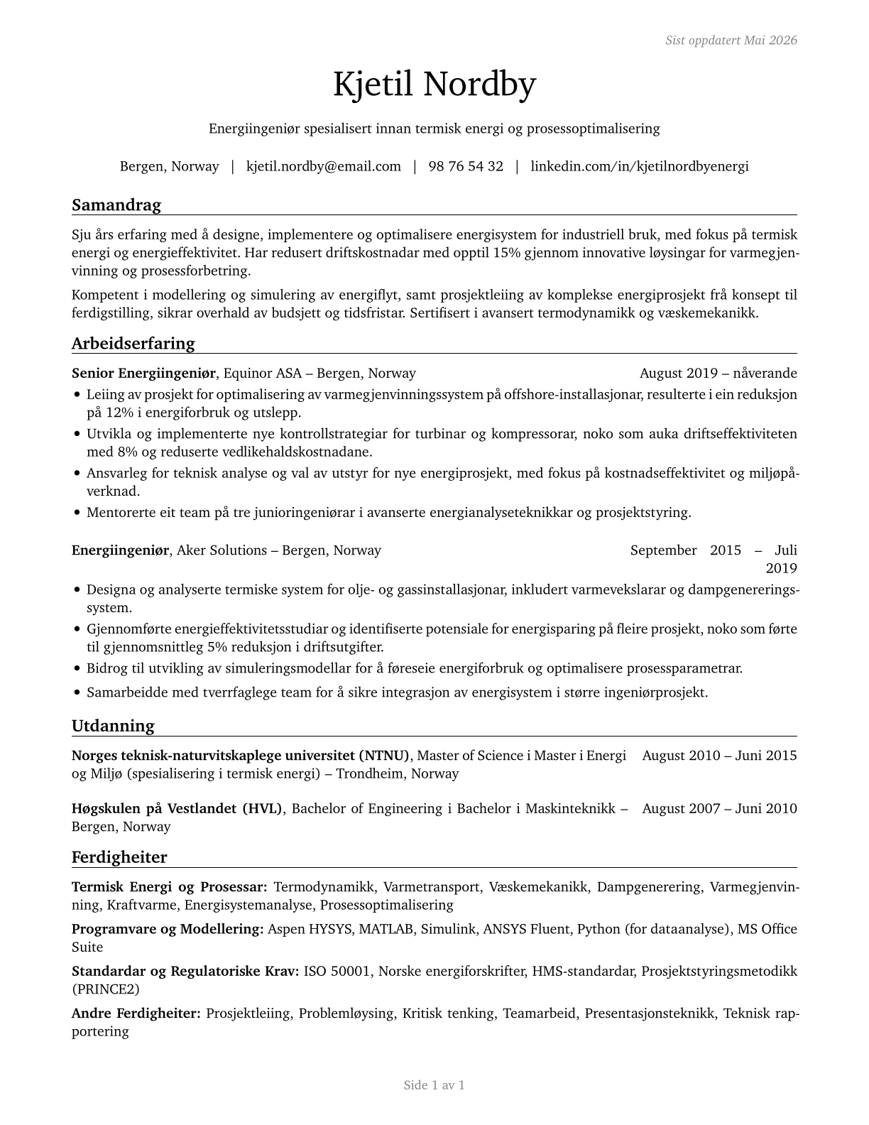 Energy Engineers, Except Wind and Solar CV in Norwegian_nynorsk — page 1