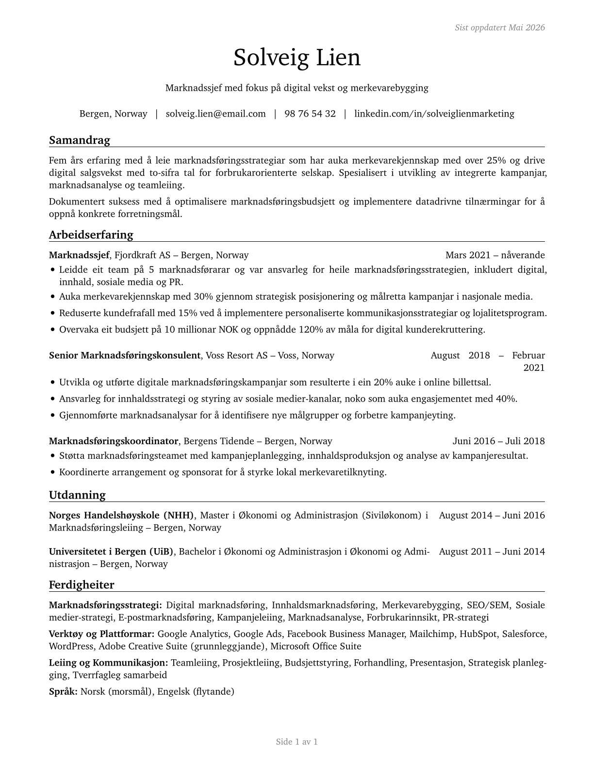 Marketing Managers CV in Norwegian_nynorsk — page 1