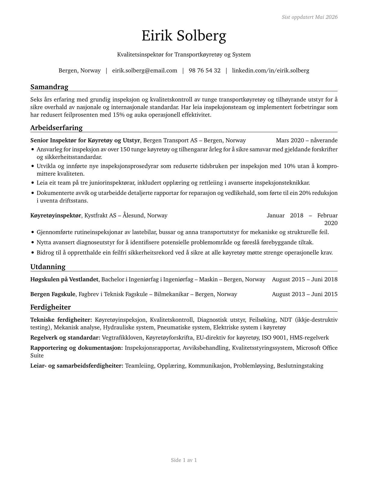 Transportation Vehicle, Equipment and Systems Inspectors, Except Aviation CV in Norwegian_nynorsk — page 1