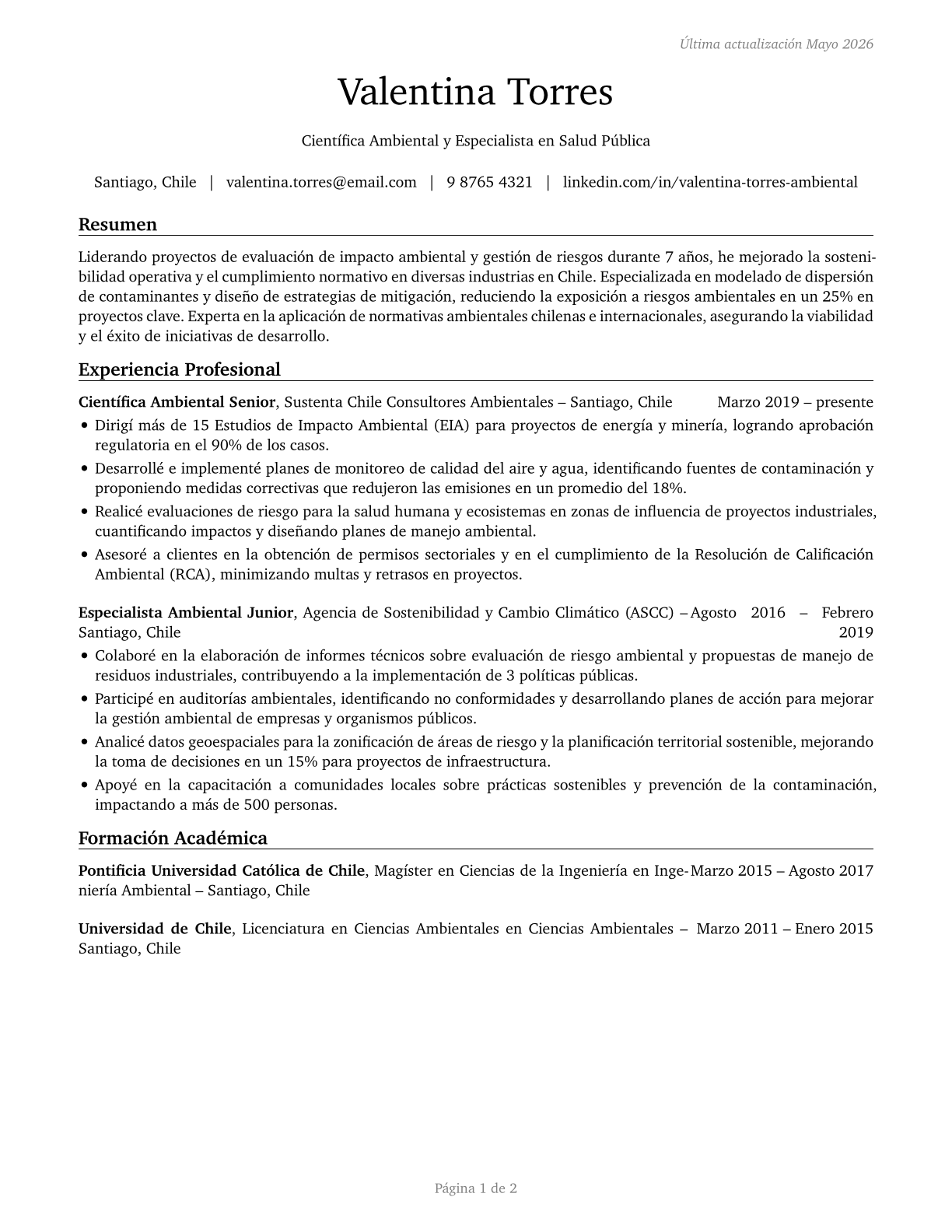 Environmental Scientists and Specialists, Including Health CV in Spanish — page 1