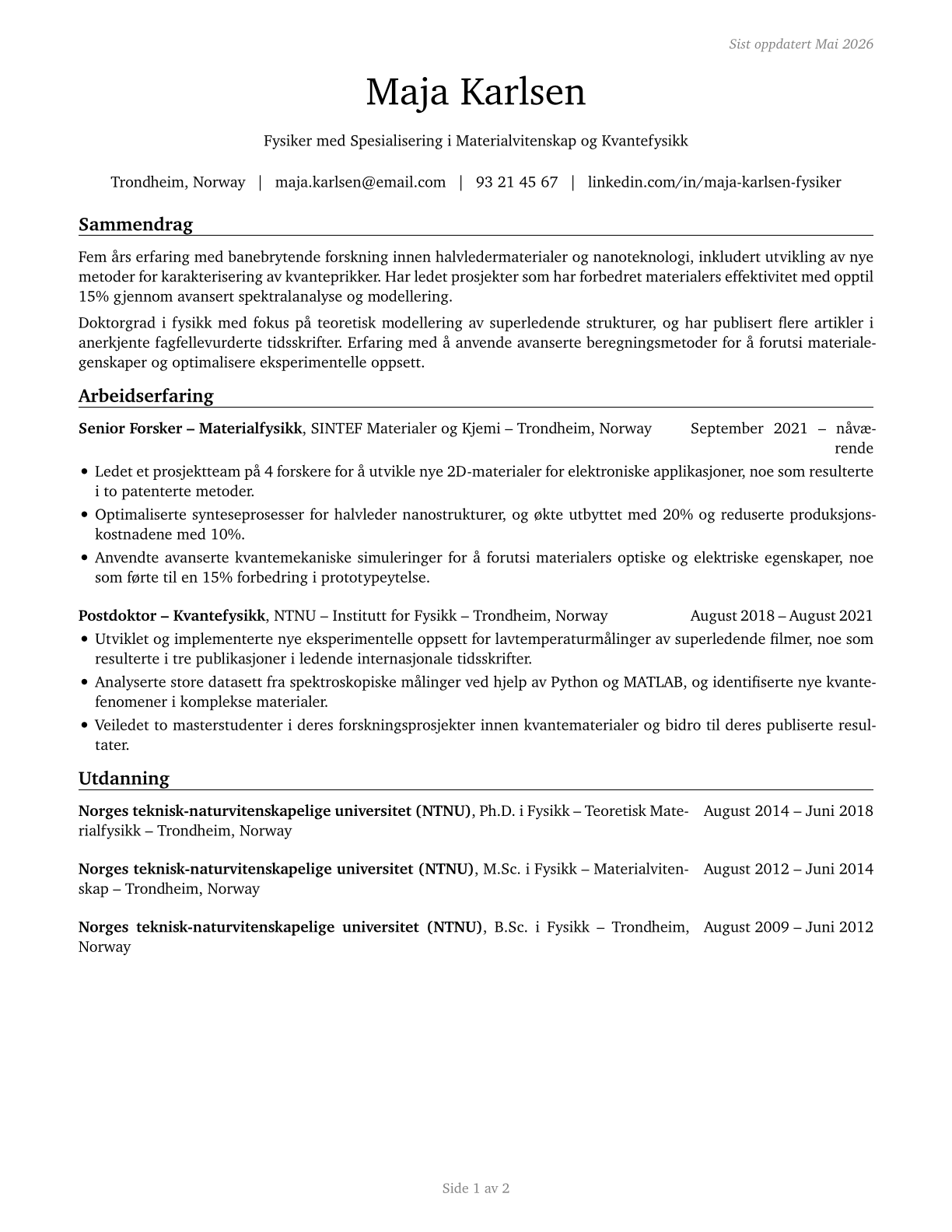 Physical Scientists, All Other CV in Norwegian_bokmal — page 1