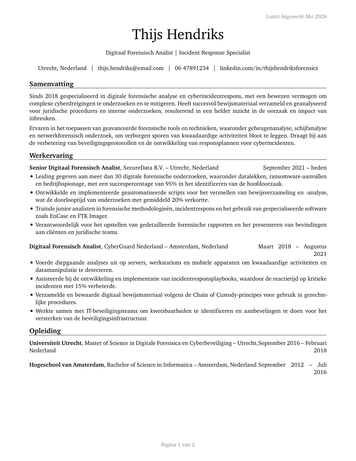 Digital Forensics Analysts CV in Dutch — page 1