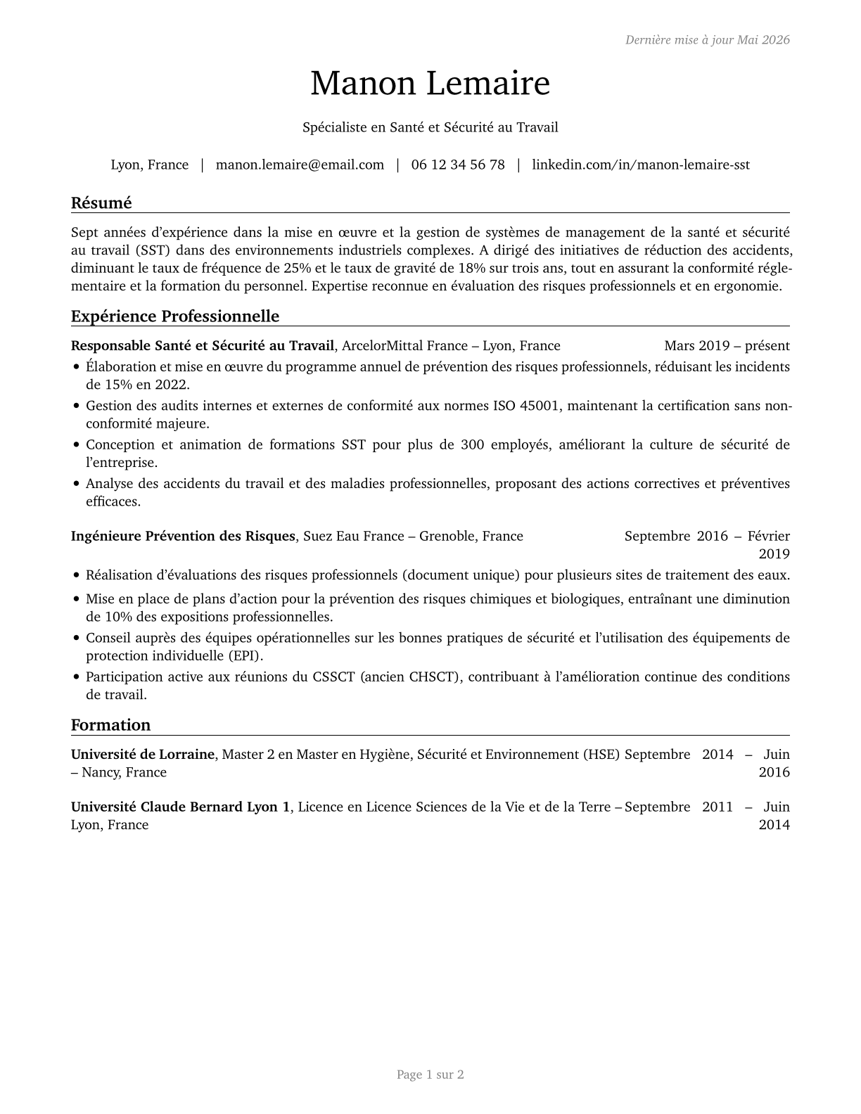 Occupational Health and Safety Specialists CV in French — page 1