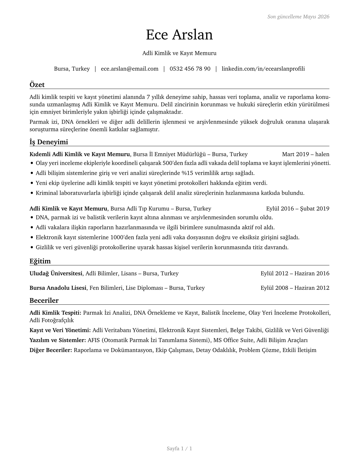 Police Identification and Records Officers CV in Turkish — page 1