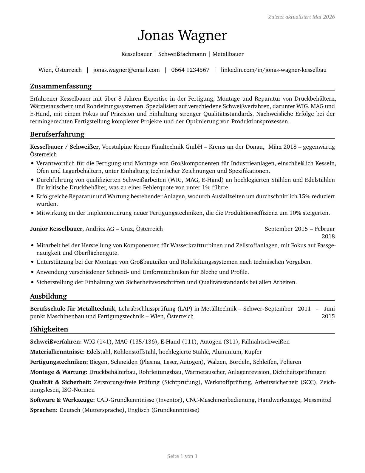Boilermakers CV in German — page 1