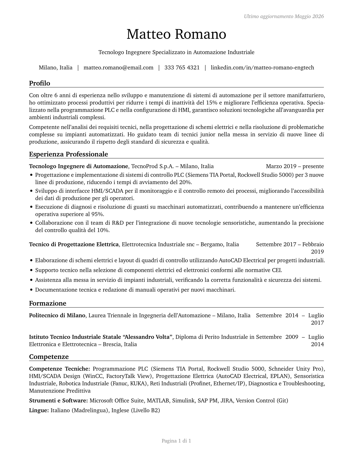 Engineering Technologists and Technicians, Except Drafters, All Other CV in Italian — page 1