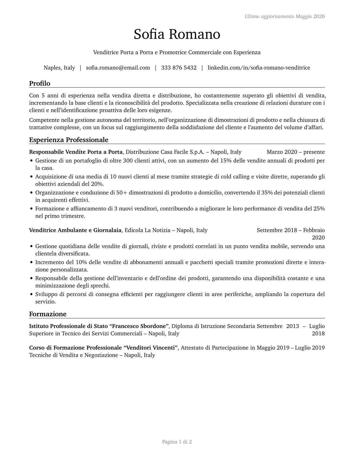 Door-to-Door Sales Workers, News and Street Vendors, and Related Workers CV in Italian — page 1