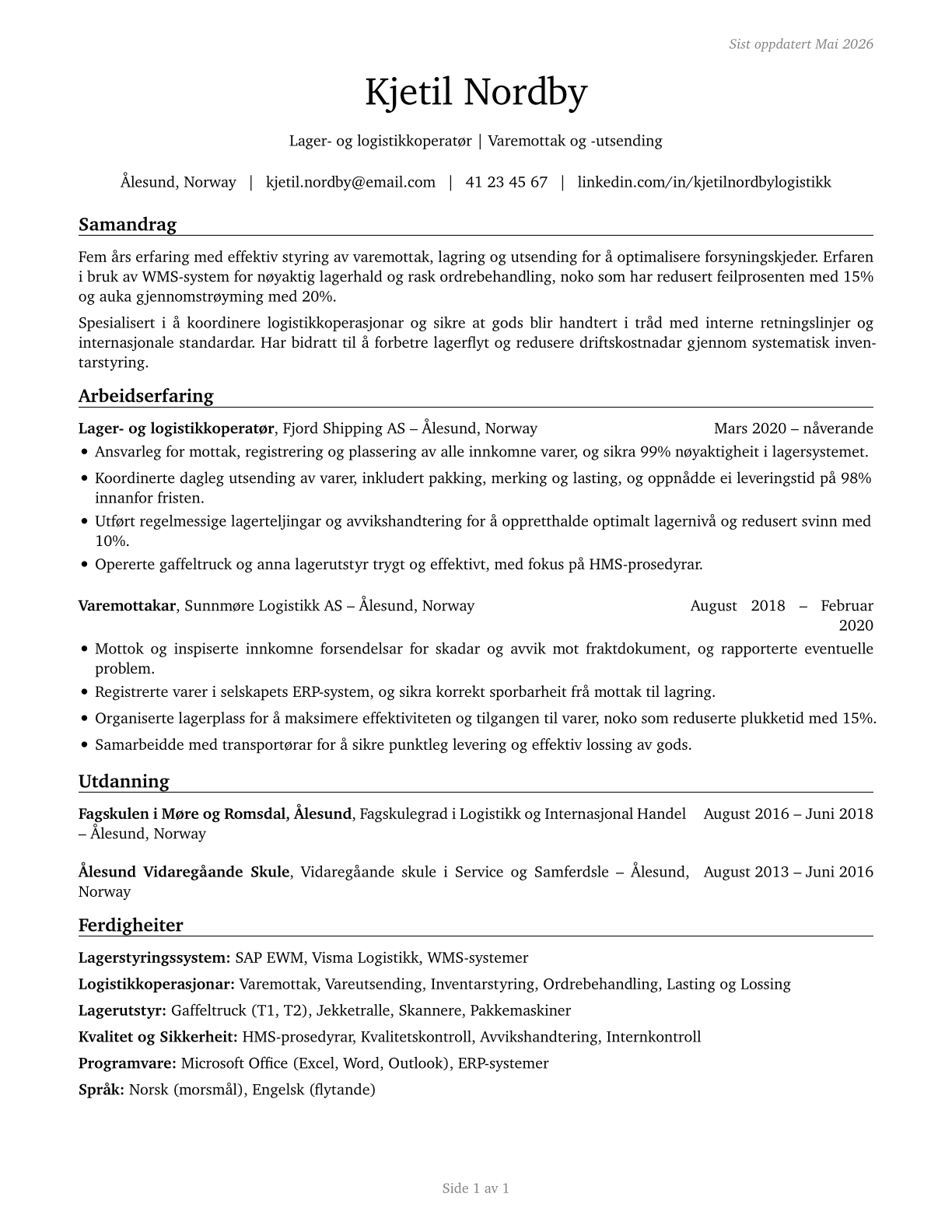 Shipping, Receiving, and Inventory Clerks CV in Norwegian_nynorsk — page 1