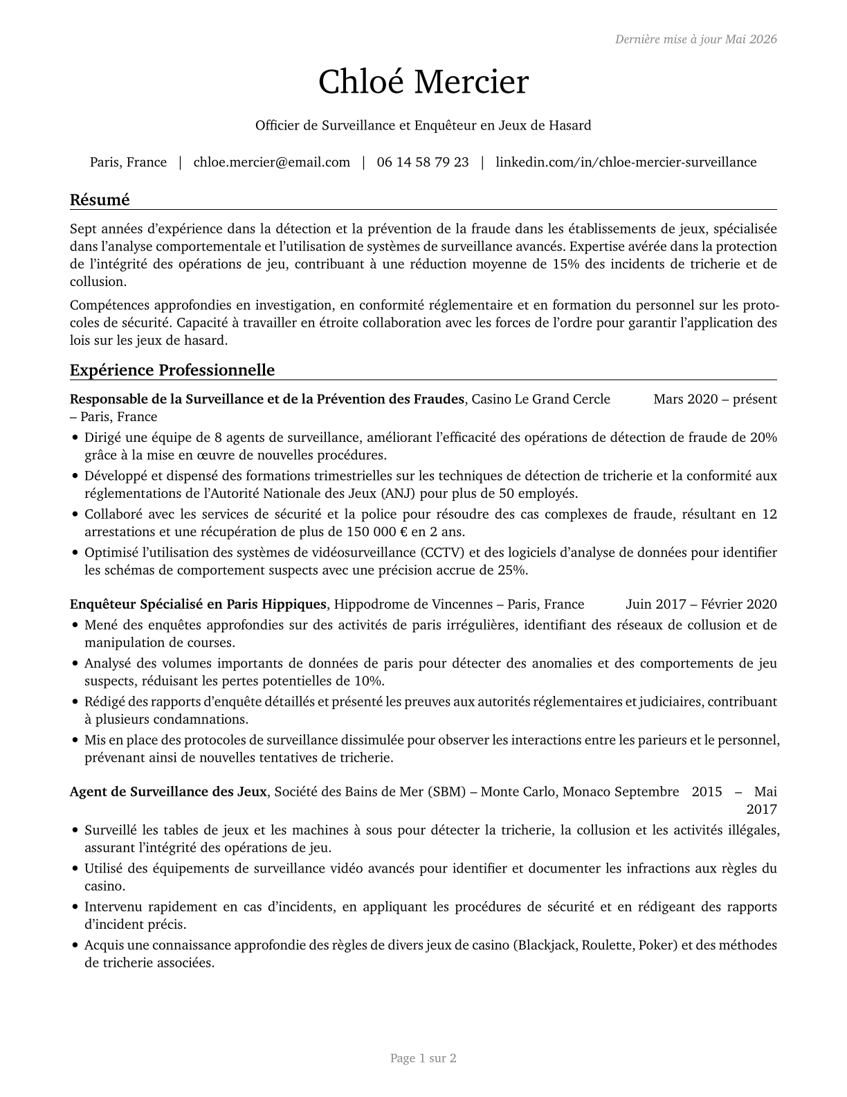 Gambling Surveillance Officers and Gambling Investigators CV in French — page 1