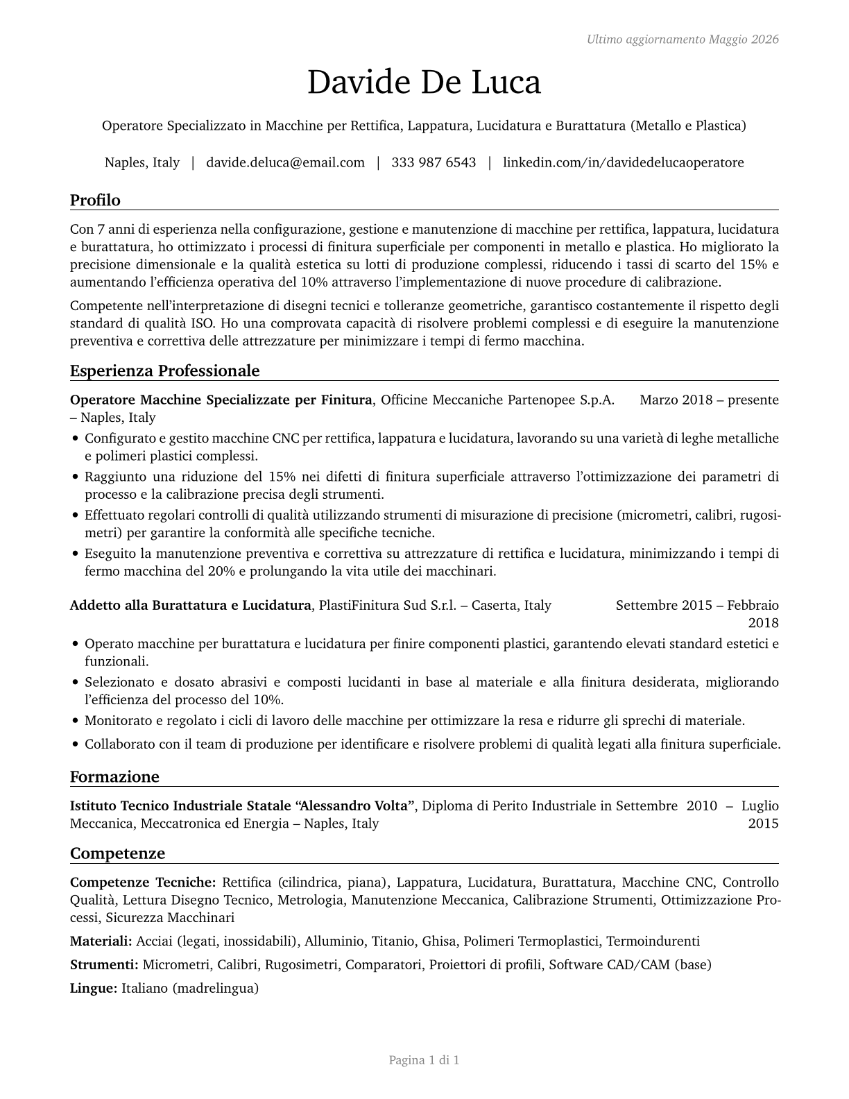 Grinding, Lapping, Polishing, and Buffing Machine Tool Setters, Operators, and Tenders, Metal and Plastic CV in Italian — page 1