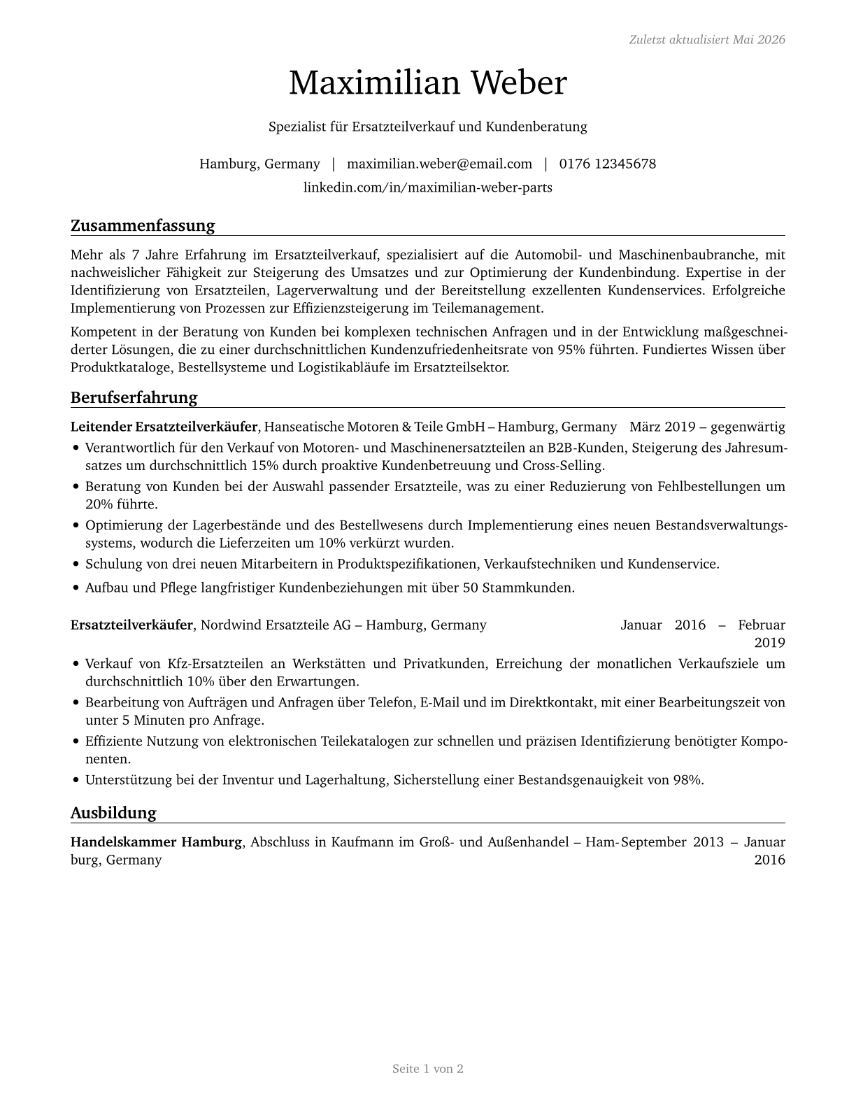 Parts Salespersons CV in German — page 1